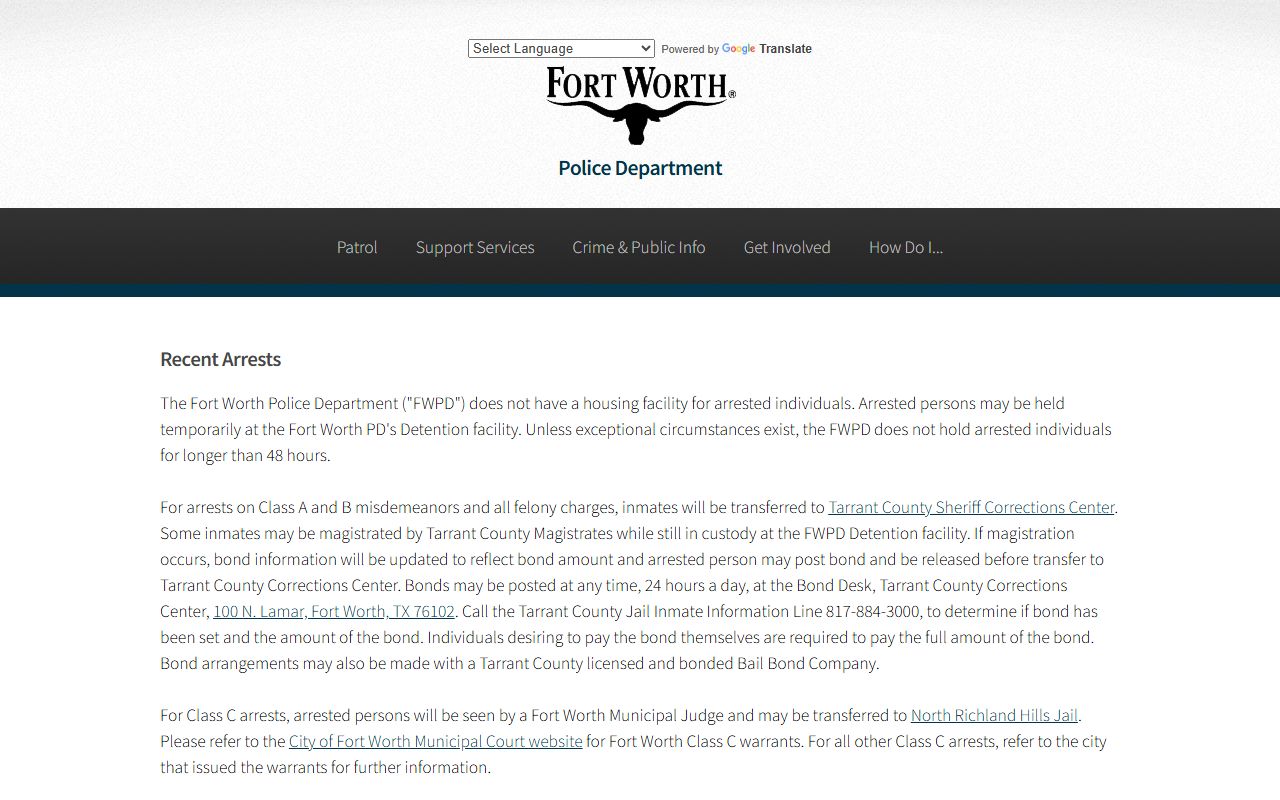 Fort Worth recent arrests police department page