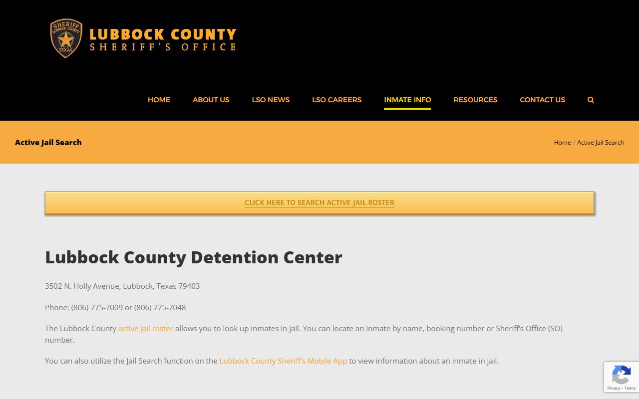 Lubbock County active jail roster page showing recent arrests and inmate data