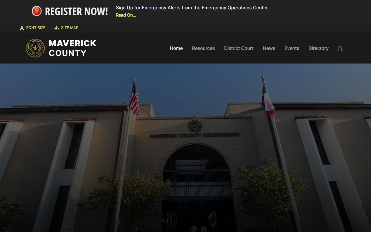 Maverick County website showing county departments and services for recent arrests lookup
