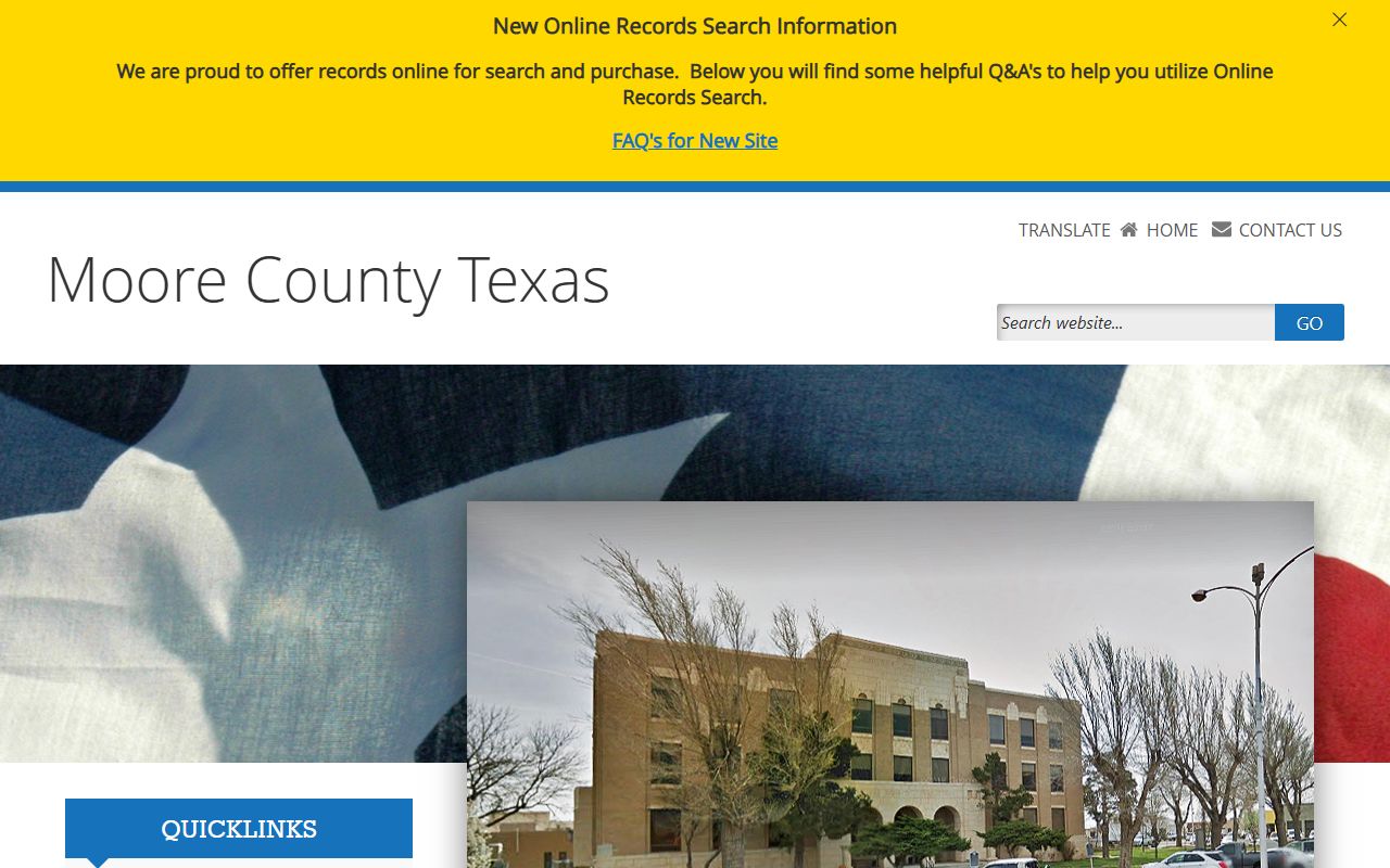 Moore County website showing departments for recent arrests lookups in Dumas Texas