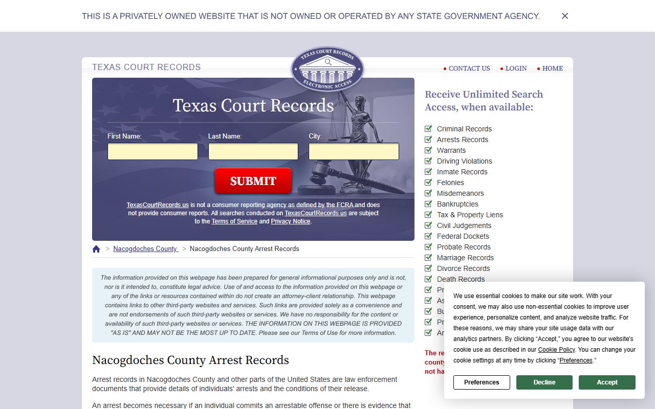 Nacogdoches County arrest records portal showing recent arrests data