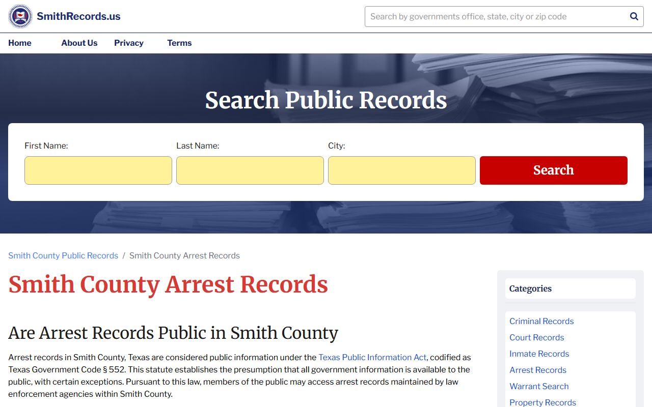 Smith County recent arrests records information page