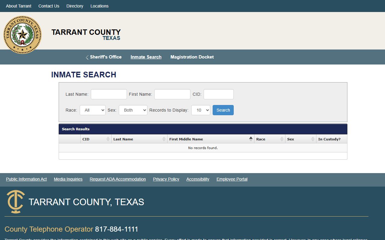 Tarrant County inmate search portal for recent arrests lookup