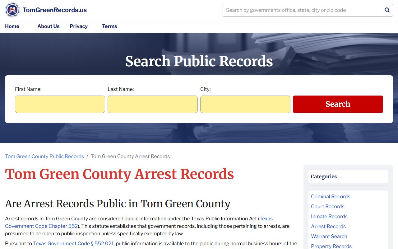 Tom Green County arrest records search page for recent arrests