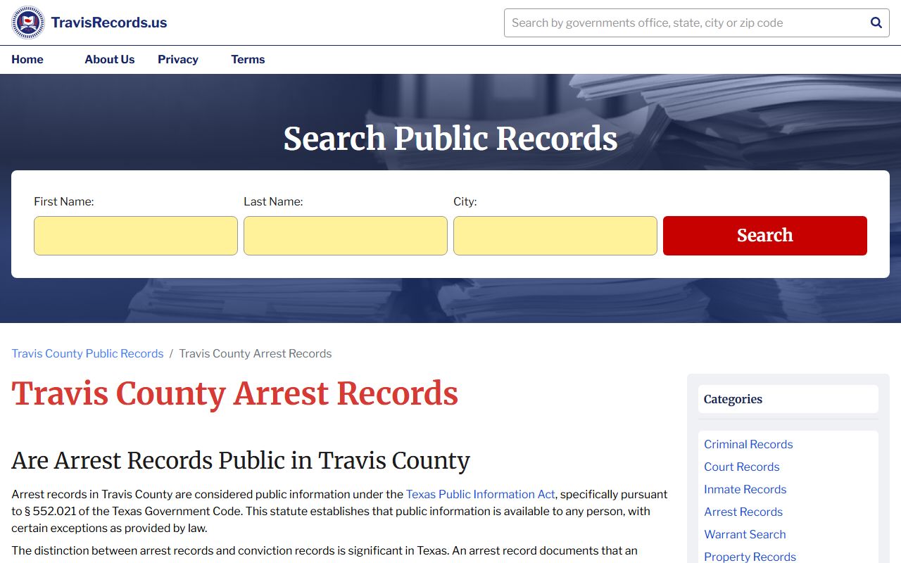 Travis County arrest records search page for recent arrests lookup