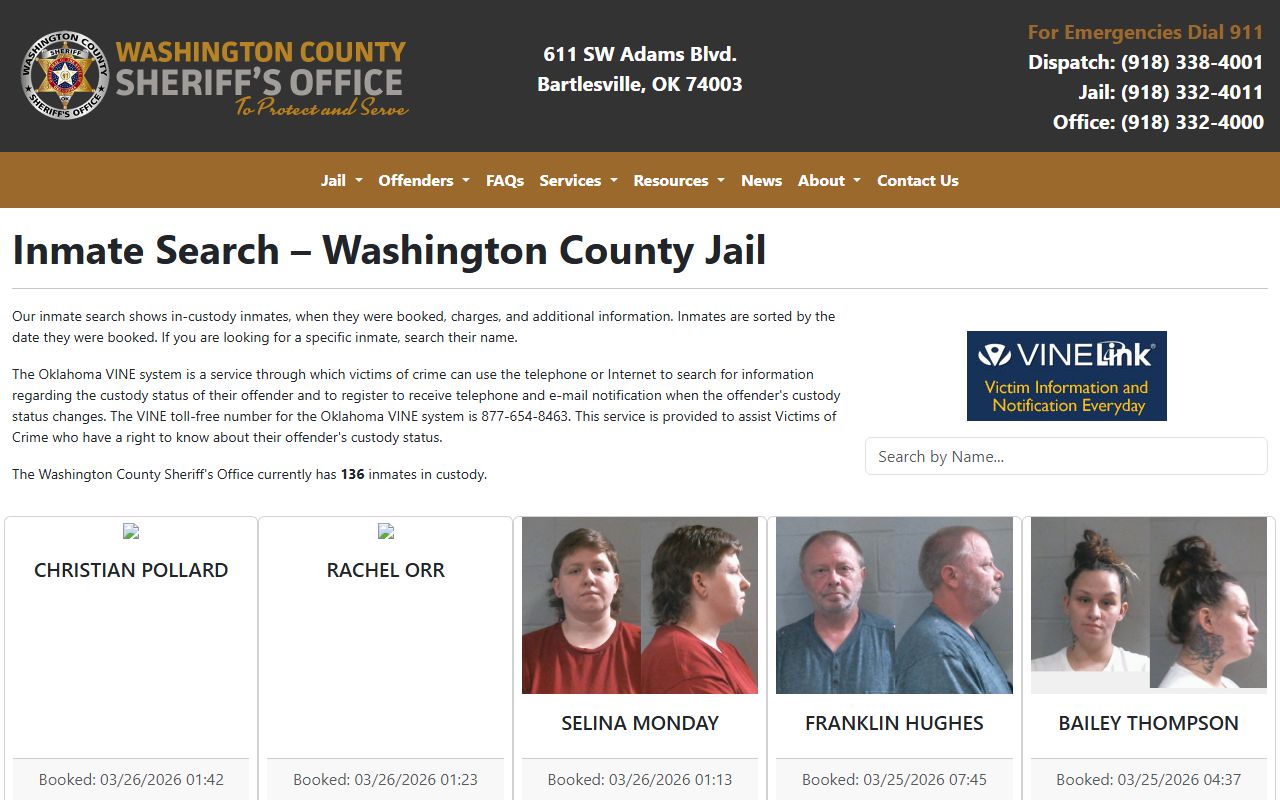 Washington County inmate search page for recent arrests lookup