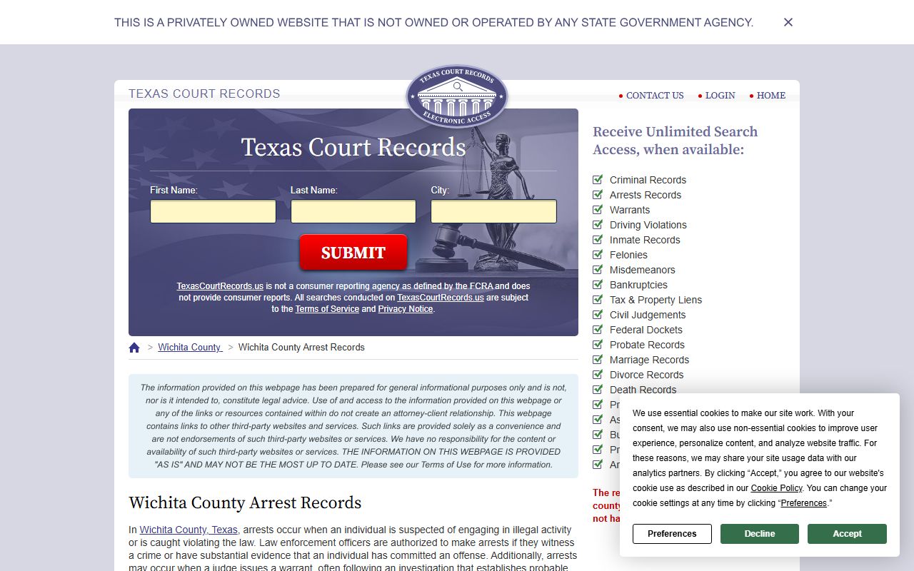Wichita County arrest records search page for recent bookings