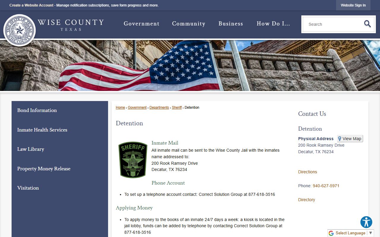 Wise County detention page for recent arrests and inmate search