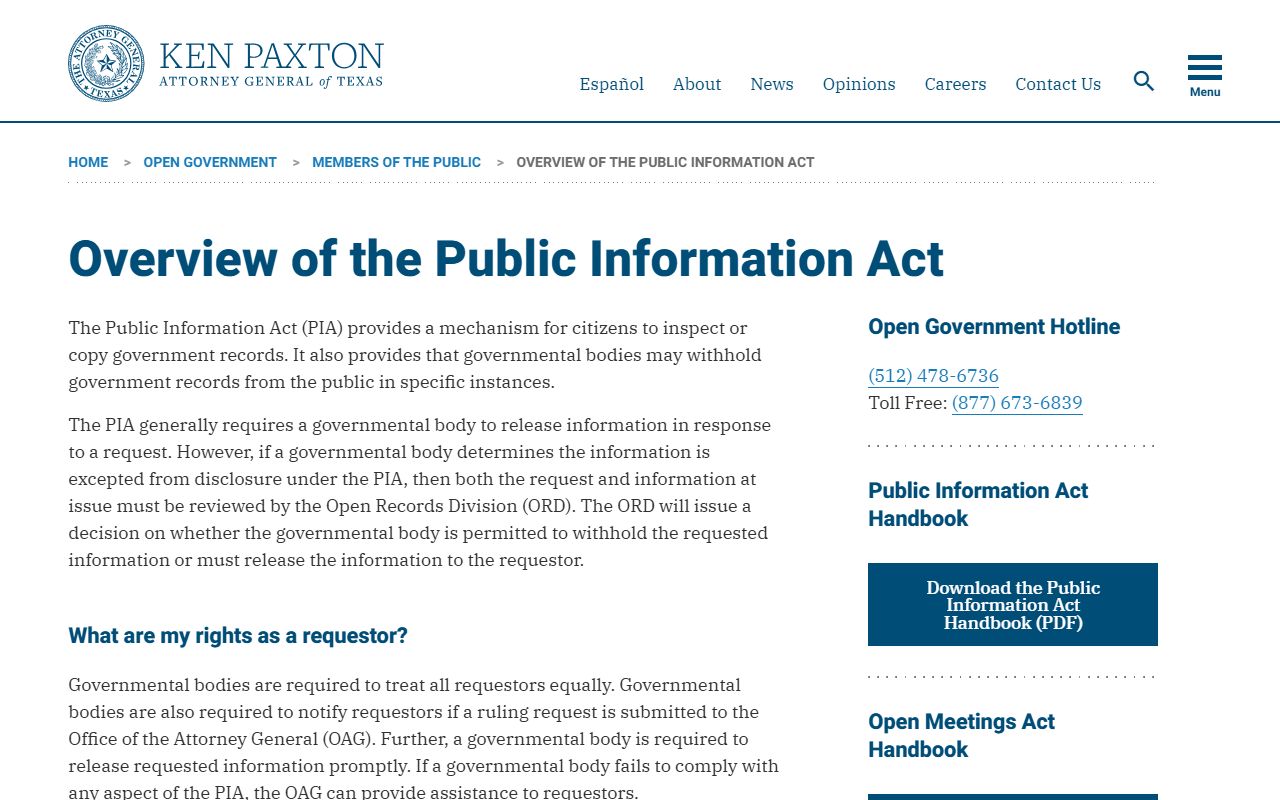 Texas Attorney General Public Information Act overview for arrest records
