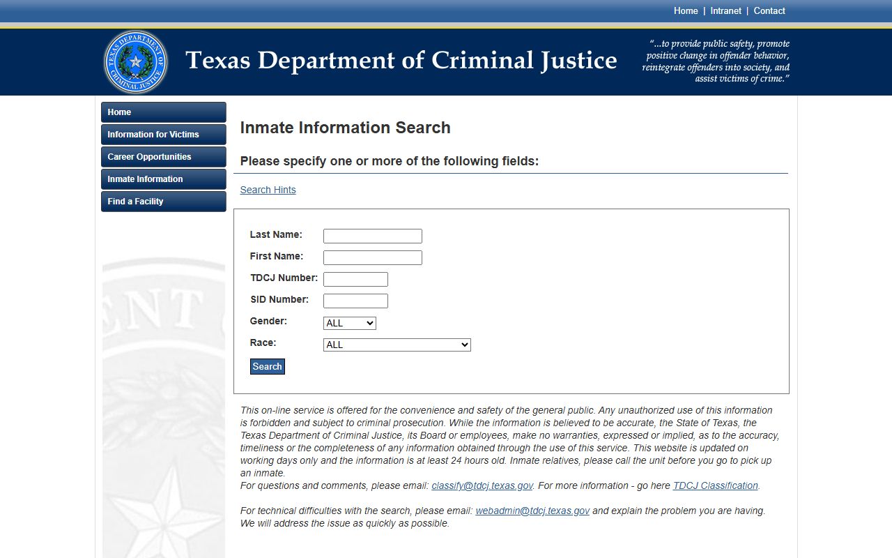 TDCJ inmate search portal for Texas recent arrests